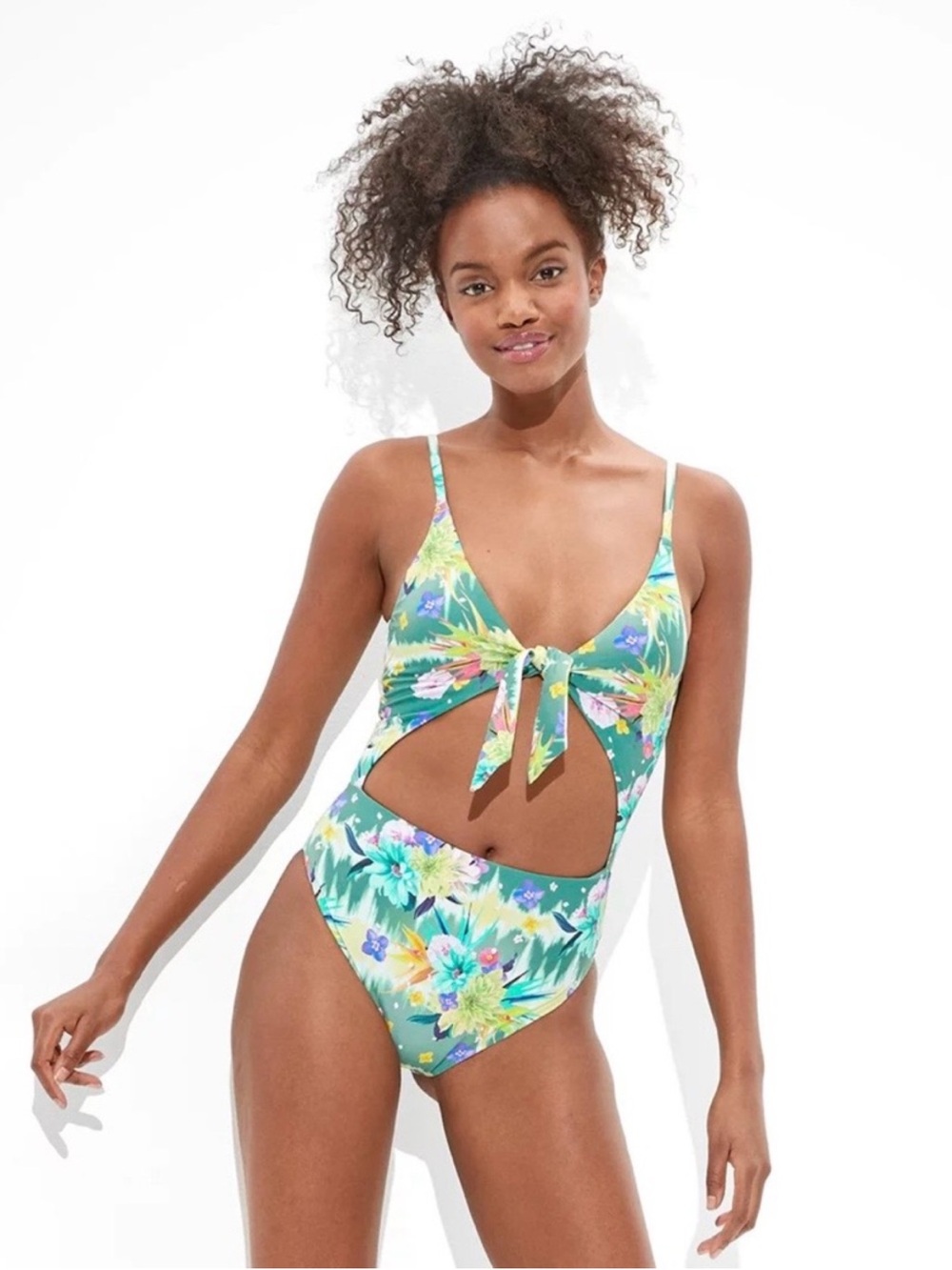 American Eagle x Naito Green Floral Cutout One Piece Swimsuit NWOT Medium - Picture 2 of 11